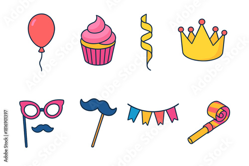 Birthday Icon Festivities. Birthday Photo Booth flat icons set. balloon, cupcake, streamer, birthday crown, funny glasses, mustache stick, banner, noise maker