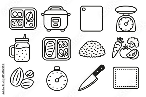 Meal Prep Essentials. Healthy meal prep linear icon set: meal container, rice cooker, cutting board, scale, smoothie jar, grilled chicken, brown rice, veggies, nuts, timer, knife