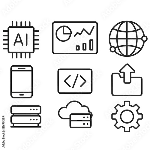 Tech Icons Overview. Innovation and Data linear icon set: AI chip, dashboard, network globe, file upload, mobile device, coding tag, cloud server, gear