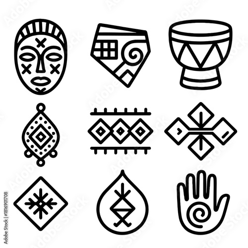 Indigenous Art Icons. Indigenous Art Symbols linear icon set: ancestral mask, pottery shard, textile weave, ritual drum, beaded ornament, cultural pattern, sacred symbol, hand