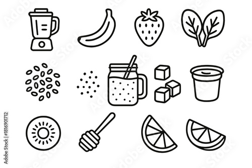 Nutritious Smoothie Icons. Healthy Smoothies linear icon set: blender, banana, strawberry, spinach leaves, chia seeds, mason jar, reusable straw, ice cubes, yogurt cup, kiwi slice