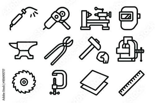 Blacksmith Tools Icons. Metal Workshop linear icon set. welding torch, grinder, lathe, vise, anvil, tongs, hammer, protective mask, cutting wheel, clamp, sheet metal, ruler. , .