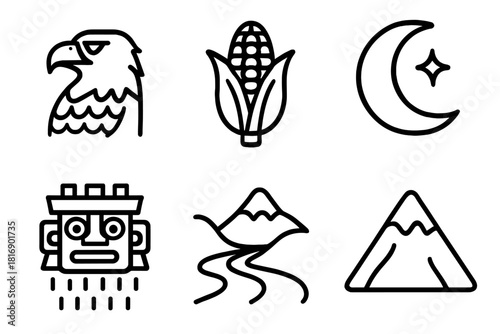Nature Icon Montage. Nature & Mythology linear icon set. eagle, corn, moon, rain god, river, mountain