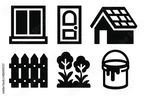 Bold Exterior Icons. Exterior Makeover silhouette icon set: window, door, roof, fence, garden, paint bucket
