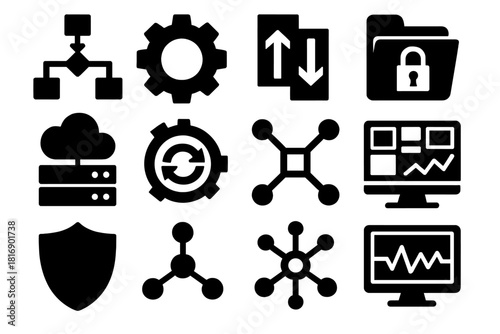 Iconic Workflow Set. Workflow Orchestration silhouette icon set. process chart, gear icon, data arrows, secure folder, cloud server, automation symbol, network lines, dashboard