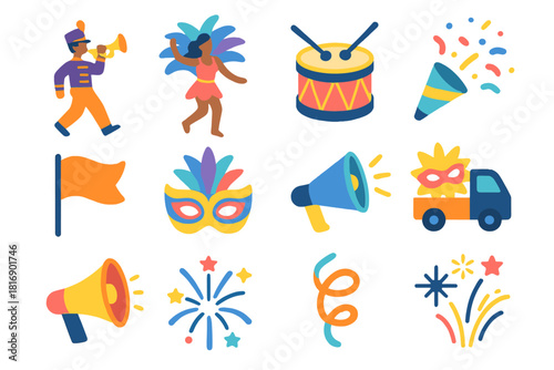 Colorful Festival Parade Icons. Festival Parade flat icons set. marching band, dancer, drum, confetti cannon, flag, costume mask, trumpet, float truck, megaphone, light beam