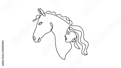 Elegant One Line Drawing of Woman with Wavy Hair Next to Horse Minimalist Style Art Illustration Design on White Background