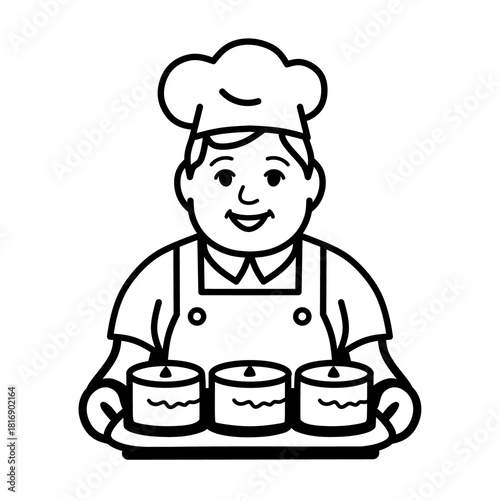 Baker Holding Tray of Cupcakes Vector Illustration Line Art