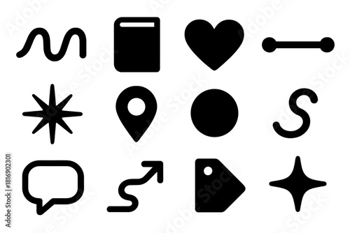 Bold Icons Collection. Personal Story Set silhouette icon set: narrative thread, diary book, gentle heart, memory line, reflective spark, life marker, experience dot, timeline