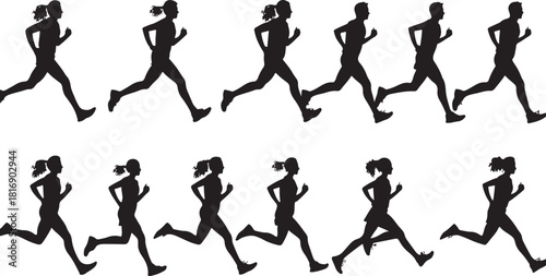 Multiple Silhouettes Of Male And Female Runners In Full Stride On White Background running