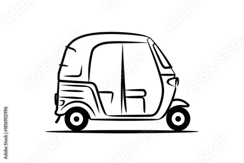 Minimalist line art drawing of an auto rickshaw, a common three-wheeled urban transport