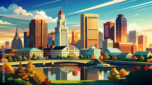 Very beautiful view of the Columbus, Ohio skyline, showcasing a vibrant mix of modern high-rises, historic architecture, and a dynamic urban landscape under bright natural light, capturing the city’s 