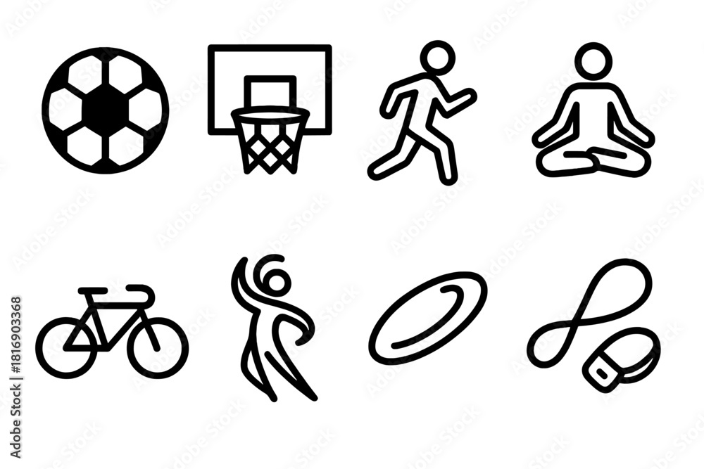 Obraz premium Community Recreation Icons. Recreational Community Spaces Activities linear icon set: soccer ball, basketball hoop, jogging figure, yoga pose, bike icon, dance swirl, frisbee, dog