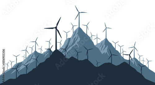 Majestic wind turbines dominate rugged mountain landscape showcasing sustainable energy generation and natural power in a clean future