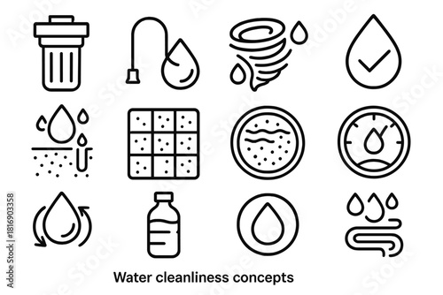 Water Purification Icons. Water Cleanliness Concepts Set linear icon set: filter housing, safe intake tube, purification swirl, clean water mark, contaminant barrier icon, sediment