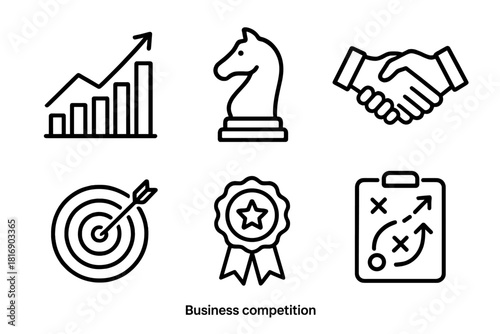 Business Strategy Icons. Business Competition linear icon set: rising chart, chess piece, handshake deal, target goal, award ribbon, strategy plan