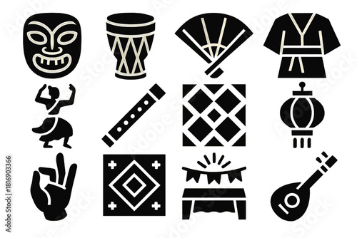 Bold Cultural Icons. Cultural Expression silhouette icon set: mask, drum, fan, costume, dancer, flute, pattern, lantern, hand gesture, textile motif, festival icon, musical