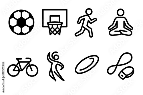 Community Recreation Icons. Recreational Community Spaces Activities linear icon set: soccer ball, basketball hoop, jogging figure, yoga pose, bike icon, dance swirl, frisbee, dog