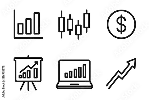 Stock Market Symbols. Stock trading linear icon set. bar chart, candlestick graph, dollar coin, chart board, laptop, upward arrow.