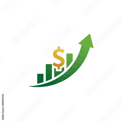 Green financial growth bar chart logo icon with upward arrow and dollar sign, symbolizing success, profit increase, and investment return on white background