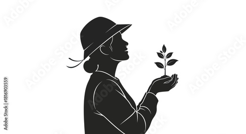 Gentle silhouette of a person wearing a hat, carefully cradling a young plant in their hands, symbolizing growth and new beginnings.