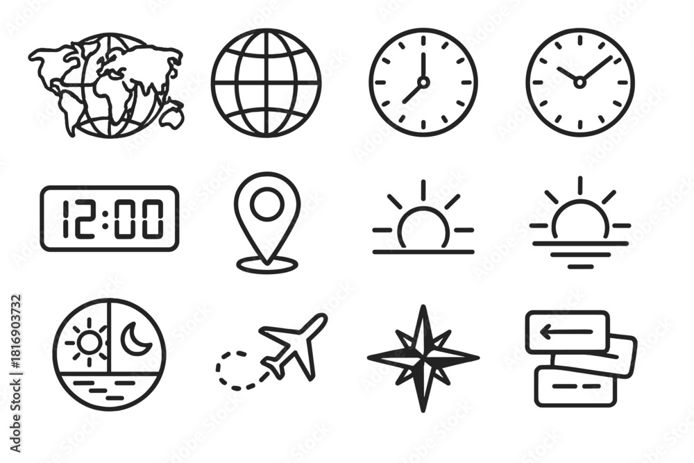 Fototapeta premium Time Zone Icons. Global time zone map icons linear icon set. world map outline, longitude grid lines, analog clock faces showing different times, digital time display, location pin