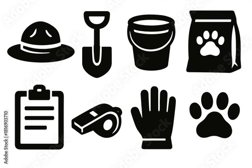 Zoo Keeper Icons. Zoo Keeper Collection silhouette icon set. hat, shovel, bucket, animal feed, clipboard, whistle, glove, paw print.