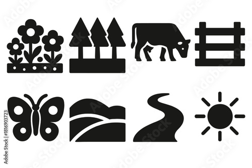 Brutalist Green Meadows Icons. Green Meadows silhouette icon set. flower patch, tree line, grazing animal, wooden fence, butterfly, rolling hill, trail, sunshine