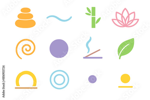 Minimal Zen Icons. Zen Elements Set flat icon set: smooth stone stack, gentle wave line, bamboo stalk, lotus outline, soft swirl, calm circle, incense plume, leaf curve, balanced