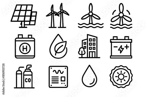 Clean Energy Icons. Clean Energy Solutions linear icon set. solar farm, wind farm, tidal energy rotor, hydrogen fuel cell, biofuel leaf, energy-efficient building, carbon capture