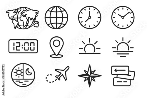 Time Zone Icons. Global time zone map icons linear icon set. world map outline, longitude grid lines, analog clock faces showing different times, digital time display, location pin