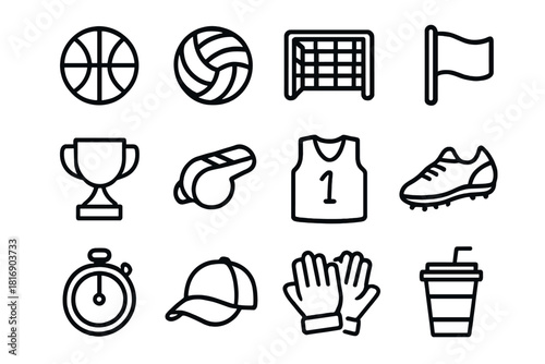 Team Sports Icons. Team activities linear icon set: basketball, volleyball, soccer net, flag, trophy, whistle, uniform, sneakers, stopwatch, hat, gloves, drink cup