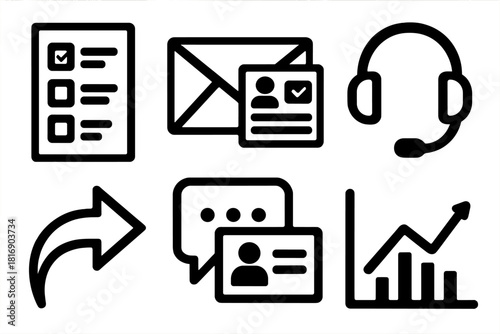 Brutalist Icon Set. Customer engagement tools silhouette icon set: survey form, message icon, CRM dashboard, headset, reply arrow, comment box, contact card, analytics chart