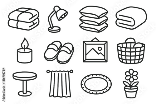 Cozy Home Essentials. Comfort and Relaxation linear icon set: comforter, reading lamp, pillow stack, blanket fold, candle flame, cozy slippers, wall frame, basket, side table