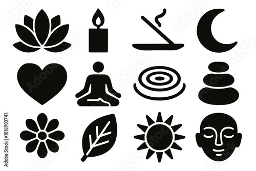 Bold Yoga Icons. Spiritual Yoga silhouette icon set: lotus flower, candle, incense, moon, heart, meditation pose, water ripple, stones, flower, leaf, sun, calm face