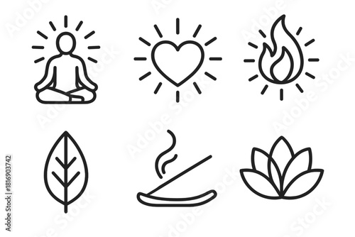 Mindful Icons Collection. Mindful Warmth linear icon set: lotus pose, heart, flame, light rays, leaf, incense