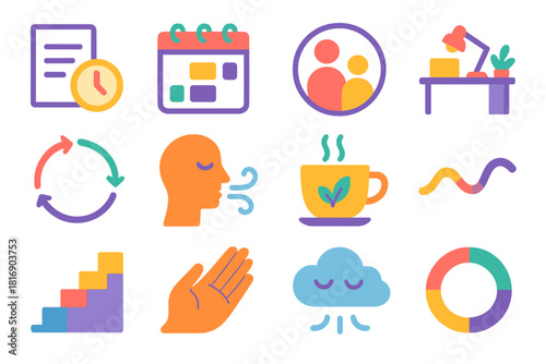 Work-Life Icons. Work–Life Synergy Set flat icon set: flexible hours sheet, unified planner, family time token, productive desk, routine cycle, gentle breath icon, energy renewal