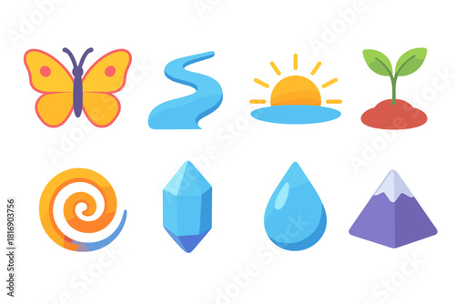 Life Transformation Icons. Life Transformation flat icons set. butterfly, path, sunrise, seedling, spiral, crystal, droplet, mountain peak