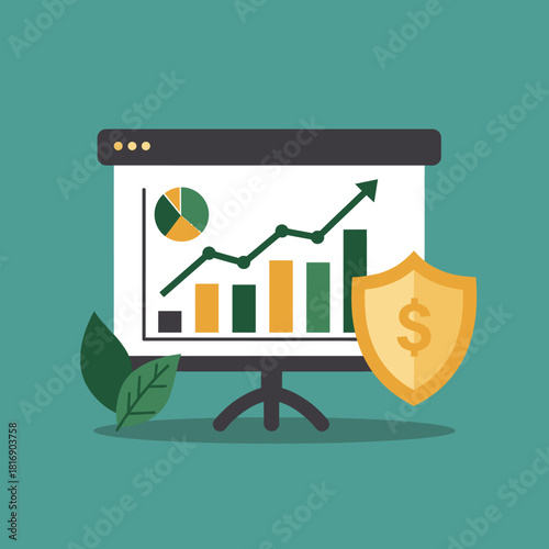 ESG Sustainable Business Growth and Financial Security Vector Illustration. Investment performance analysis presentation screen showing economic stability.