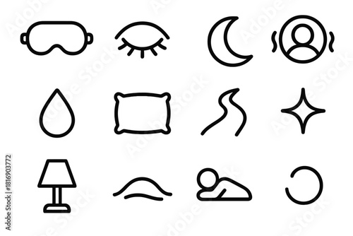 Serene Sleep Icons. Deep Rest linear icon set: sleep mask, closed eye, crescent moon, calm aura, soothing droplet, comfort cushion, still path, quiet star, warm light, peaceful