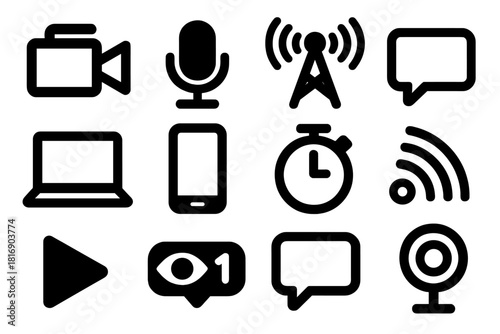 Brutalist Streaming Icons. Live Streaming silhouette icon set. video camera, microphone, broadcast tower, chat bubble, laptop, smartphone, timer, signal waves, play icon, viewer