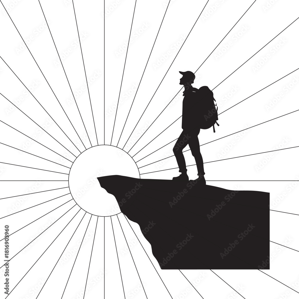Fototapeta premium Silhouette of a hiker on a cliff edge with a sunburst background Keywords: silhouette, hiker, backpack, cliff, edge, mountain, summit, achievement, success, exploration, adventure, nature, sunrise