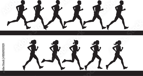 Silhouettes Of Male And Female Runners In Motion On White Background running