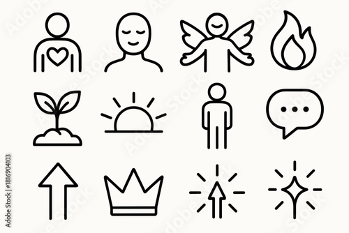 Empowerment Icon Set. Inner Confidence linear icon set: heart center, peaceful face, open arms, wings, flame of strength, plant sprout, sunlight, standing person, speech icon