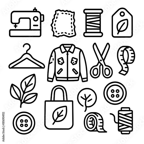 Eco Fashion Icons. Sustainable Clothing Design linear icon set: sewing machine, fabric scrap, spool, eco tag, hanger, upcycled jacket, scissors, measuring tape, plant leaf, tote