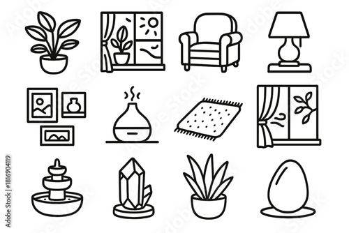 Cozy Restorative Setting. Restorative Environments linear icon set: green plants, natural light, cozy seating, warm lamp, art wall, essential oil diffuser, soft rug, gentle breeze