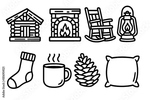 Cozy Cabin Icons. Rustic Cabin Warmth linear icon set. wooden beams, log fire, rocking chair, lantern, wool socks, coffee mug, pinecone, cozy pillow
