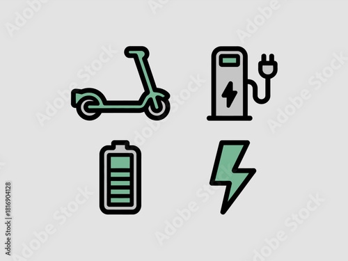 Electric Scooter Charging Station and Battery Power Icons Set. Flat style symbols for E-mobility, Sustainable Transport, and Green Energy Technology.