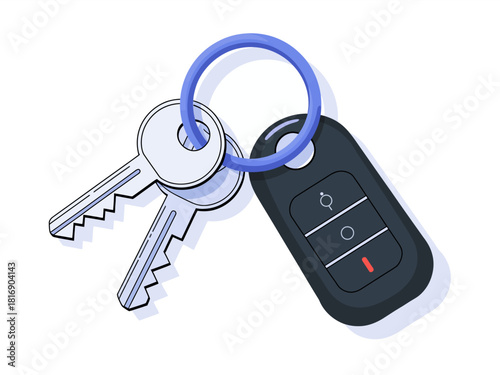 Modern Car Key Fob and House Keys on a Keyring. Vector Illustration of Home and Vehicle Access, Security, Ownership, and Property Management Concept.
