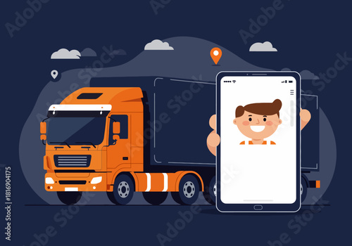 Modern digital logistics and freight transportation management. Delivery tracking application interface with driver profile on smartphone and large semi-truck illustration.